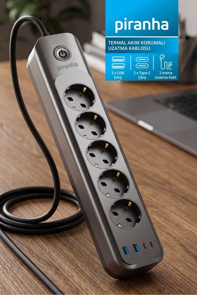 Piranha 45720 Akım Korumalı 5'li Priz | 2 x USB & 2 x Type-C Çıkış | Çocuk Ko...