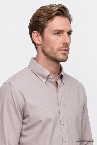 AC&Co / Altınyıldız Classics Erkek Bej Pamuklu Yumuşak Dokulu Flanel Slim Fit Dar Kesim Düğmeli Yaka Gömlek
