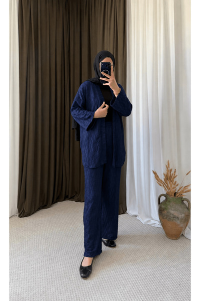 Hepsi Moda Textured Kimono Set with Trousers - 121 - Navy Blue