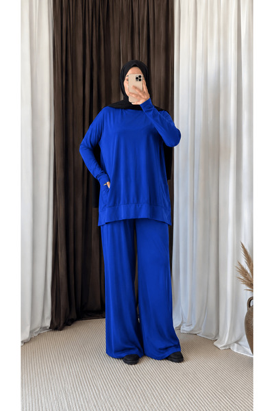 Hepsi Moda Double Pocket Sandy Pants Suit - Mg - Saks Blue
