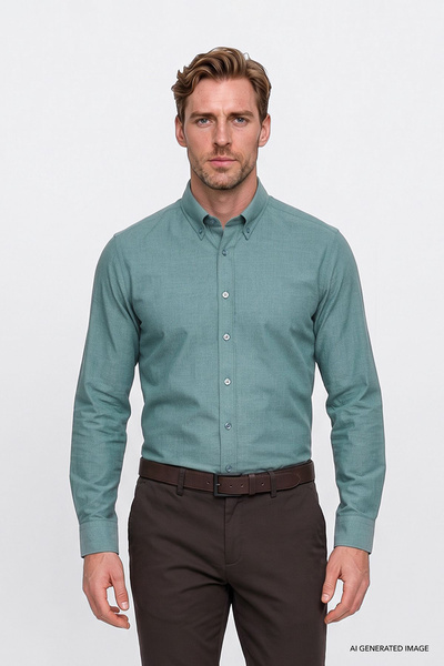 AC&Co / Altınyıldız Classics Erkek Haki Pamuklu Yumuşak Dokulu Flanel Slim Fit Dar Kesim Düğmeli Yaka Gömlek