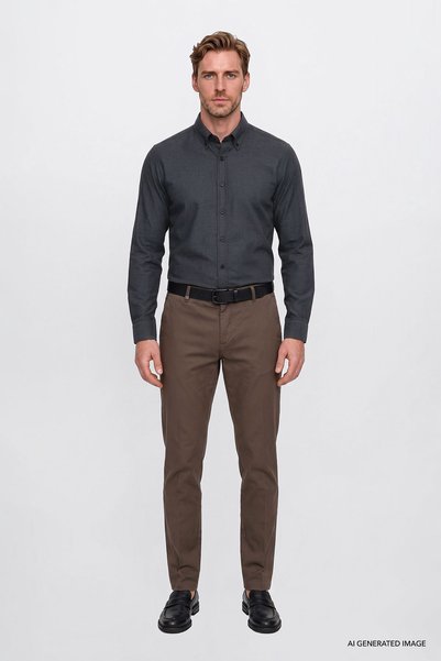 AC&Co / Altınyıldız Classics Erkek Antrasit Pamuklu Yumuşak Dokulu Flanel Slim Fit Dar Kesim Düğmeli Yaka Gömlek