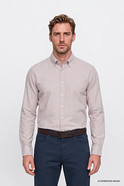 AC&Co / Altınyıldız Classics Erkek Bej Pamuklu Yumuşak Dokulu Flanel Slim Fit Dar Kesim Düğmeli Yaka Gömlek
