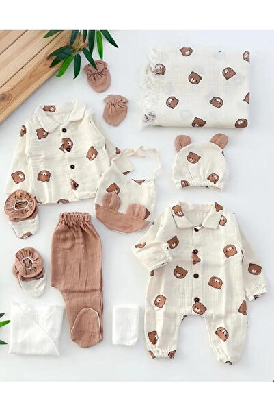 Alya Bebe Muslin Fabric Teddy Bear Patterned 10 Piece Full Set Newborn Hospit...
