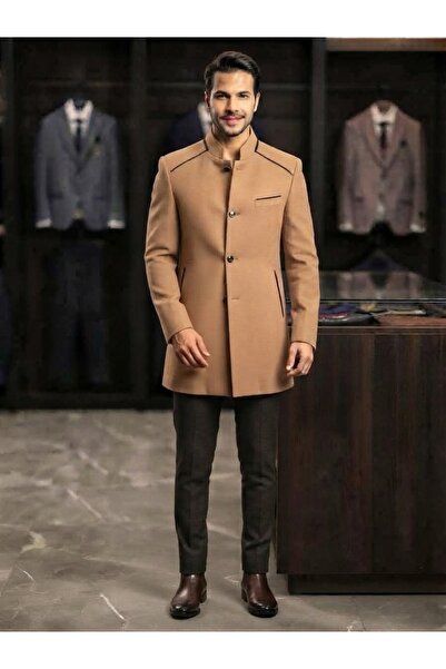 MY DEDE Taba Renk Slim Fit Hakim Yaka Erkek Kaban