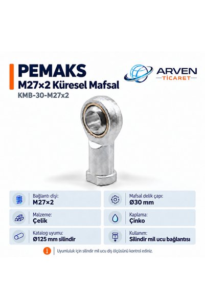 Pemaks KMB-30-M27x2 Küresel Mafsal 30 mm Delik Çaplı Silindir Mil Ucu Bağlantısı