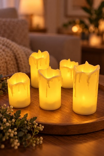 ERKUGO 5’li LED Mum Seti Pilli Dekoratif Mum 6 cm 7 cm 9 cm Yükseklik 3,5 cm ...