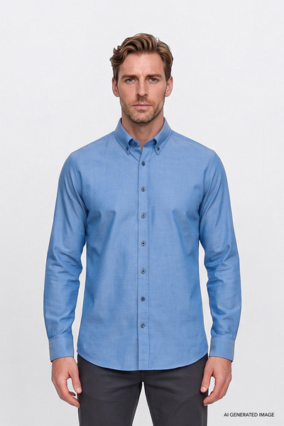 AC&Co / Altınyıldız Classics Erkek Mavi Pamuklu Yumuşak Dokulu Flanel Slim Fit Dar Kesim Düğmeli Yaka Gömlek
