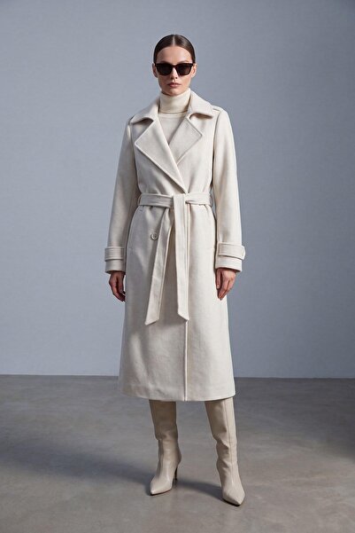 Puane Cuff Detailed Belted Long Coat Beige 15272