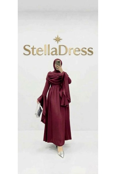 StellaDress Drapeli Kolları Fırfırlı Tesettür Abiye Elbise
