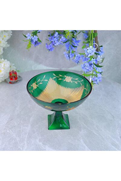 Generic Glass Serving Tray with Base Luxury Design - Green and Gold - 30X30X22Cm
