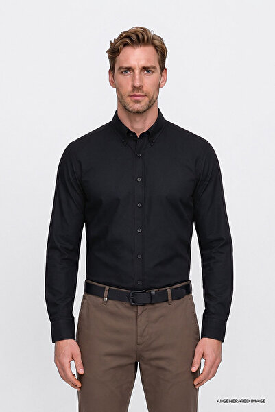 AC&Co / Altınyıldız Classics Erkek Siyah Pamuklu Yumuşak Dokulu Flanel Slim Fit Dar Kesim Düğmeli Yaka Gömlek