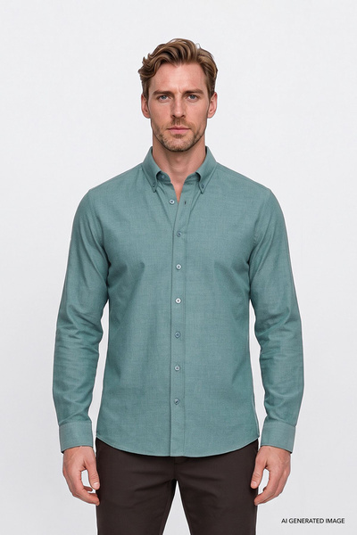 AC&Co / Altınyıldız Classics Erkek Haki Pamuklu Yumuşak Dokulu Flanel Slim Fit Dar Kesim Düğmeli Yaka Gömlek