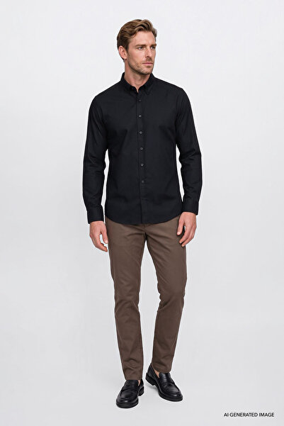 AC&Co / Altınyıldız Classics Erkek Siyah Pamuklu Yumuşak Dokulu Flanel Slim Fit Dar Kesim Düğmeli Yaka Gömlek