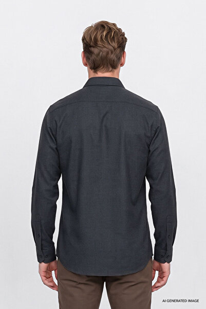 AC&Co / Altınyıldız Classics Erkek Antrasit Pamuklu Yumuşak Dokulu Flanel Slim Fit Dar Kesim Düğmeli Yaka Gömlek