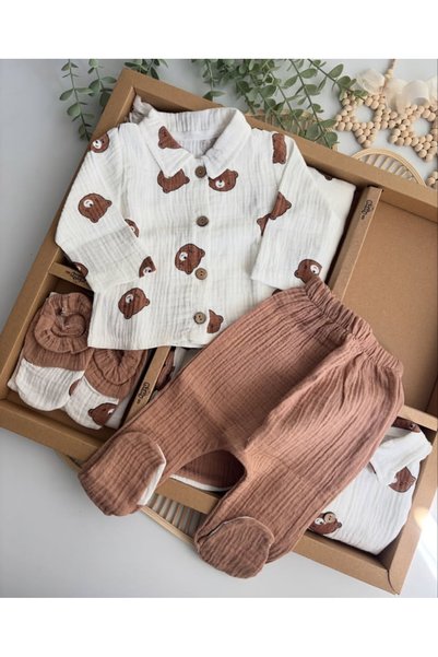 Alya Bebe Muslin Fabric Teddy Bear Patterned 10 Piece Full Set Newborn Hospital Discharge Set 100% Cotton