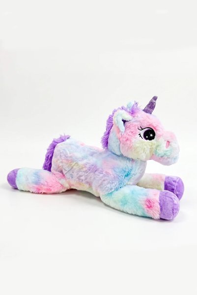 Feyza Oyuncak Yatan Renkli Unicorn Peluş 60 cm | 1+ Yaş | 1 Adet | Pembe ve M...