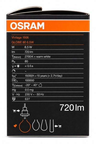 Osram Vintage 1906 Globe 80 Gold Filament Ampul 6.5W 720 Lümen 2700K E27 Sarı Işık