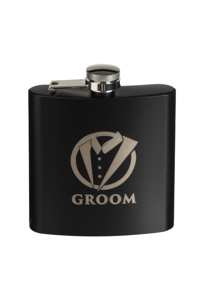 OEM Sticla Buzunar Inox Negru Mat 150ml cu Mesaj "Groom", Cadou Petrecere