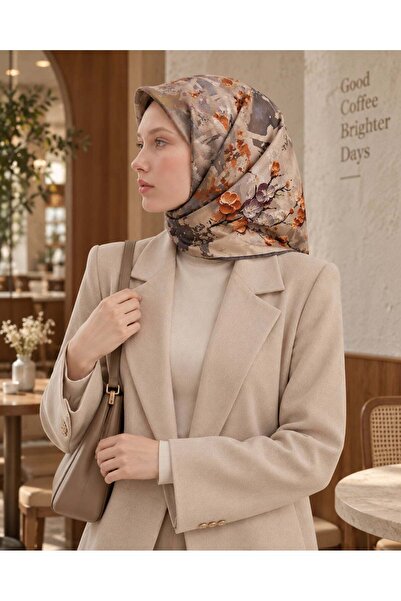 3D Kabartma Çiçek (Sakura) Desenli Dokuma Kare Eşarp Başörtüsü - Turuncu
