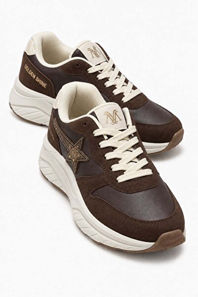 CCWAY AYAKKABI Star Stone Laced Leather Sports Shoes; Brown