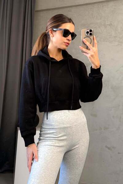 ModaPlaza Γυναικείο φούτερ με κουκούλα 3 κλωστών Crop Sweat 21653