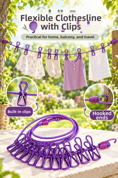 sonx 12 Pegs Portable Travel Clothesline, Elastic Flexible Line with Clips, for Camping and Balcony