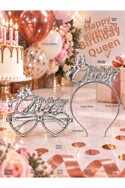 Parti Dükkanı Birthday Queen Crown and Heart Glasses Set of 2 Silver Mica – B...