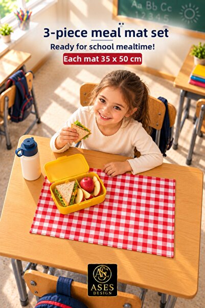 Ases Design Set of 3 Washable Lunch Mats 35X50 cm Red and White Checkered - Kindergarten and Primary School