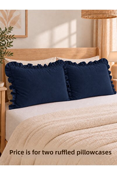 Decamor home Pearl Ruffle Navy Blue Pillowcase 2 Pieces