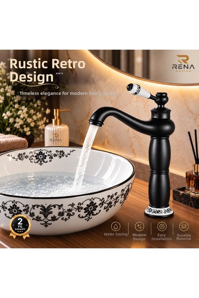 RENA DESIGN Rustic Black Bowl Sink Faucet Bathroom High Tap Porcelain Processing Fixture Authentic Retro