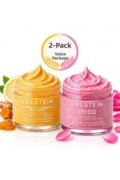 velstein 2-Pack Vitamin C & Turmeric + Pink Rose Clay Mask Set – Brightening,...