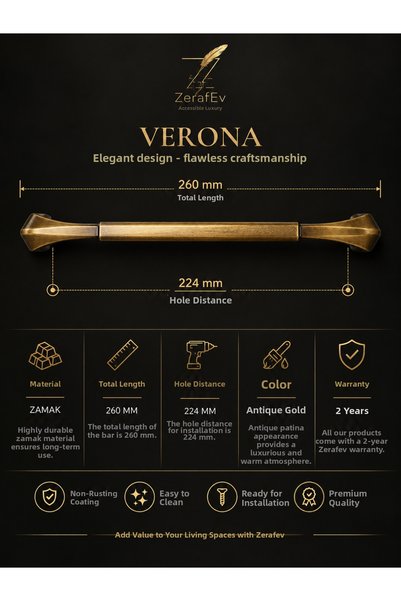 zerafev Verona 224 mm Antique Yellow Zamak Furniture Handle – 26 cm Cabinet and Drawer Handle