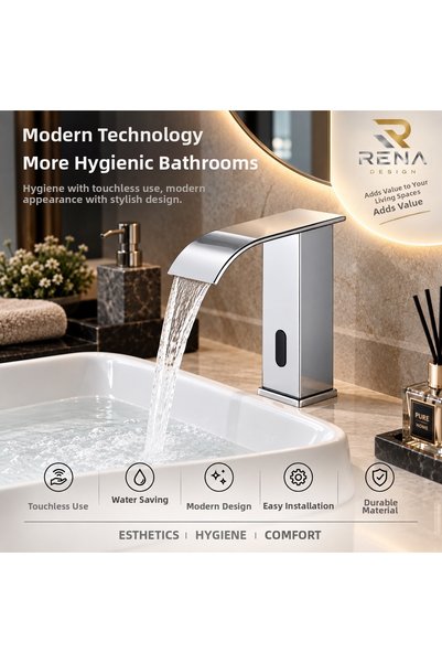 RENA DESIGN Chrome Square Sink Faucet with Photocell Sensor, Touchless Automa...