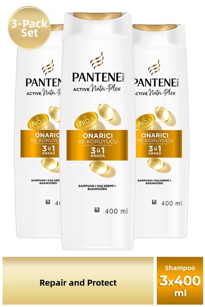 Pantene برو-في شامبو للقوة واللمعان 3 في 1 للشعر التالف والجاف 400 مل × 3 قطع