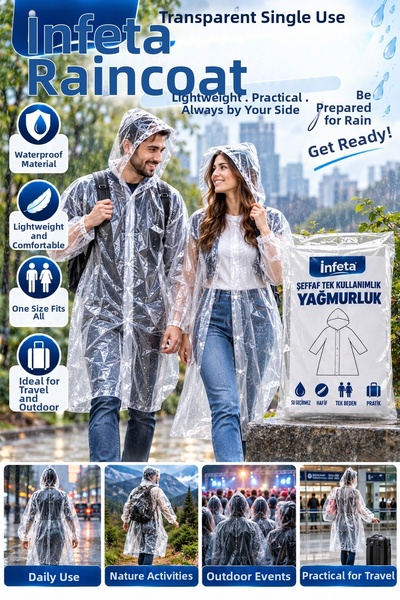 İnfeta Transparent 135X70 cm Disposable Hooded Raincoat Waterproof Lightweigh...