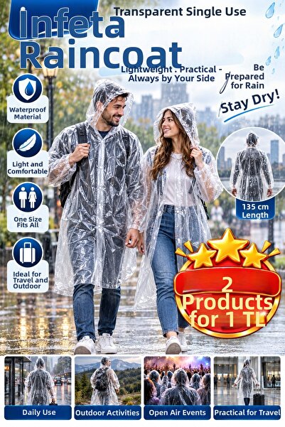 İnfeta Transparent 135X70 cm Disposable Hooded Raincoat Waterproof Lightweigh...