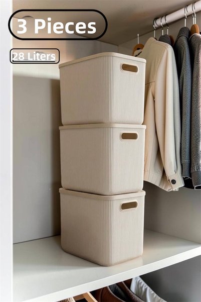 Bayev Colors Cream 28 Lt 3 Pieces Closet Organizer Toy Box Storage Box with Lid