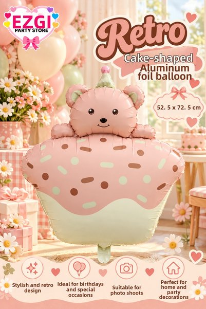 Ezgi Party Store Pink Retro Cake Foil Balloon 52.5 X 72.5 cm with Teddy Bear ...