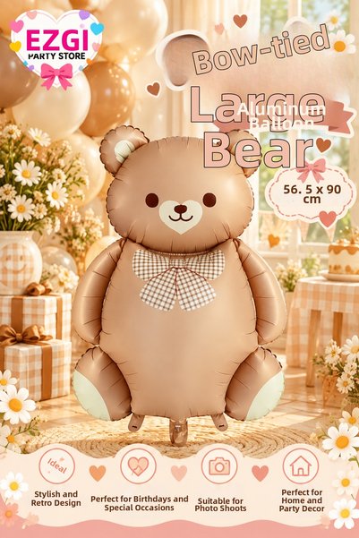 Ezgi Party Store Caramel Big Bear Foil Balloon with Bow Tie 56.5 X 90 cm Retr...