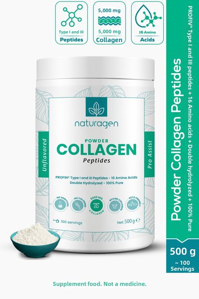 Naturagen 100% Pure Double Hydrolyzed Bovine Collagen 500 Gr |   Tip 1-3 |   16 Amino Acids |   Tasteless & Odorless