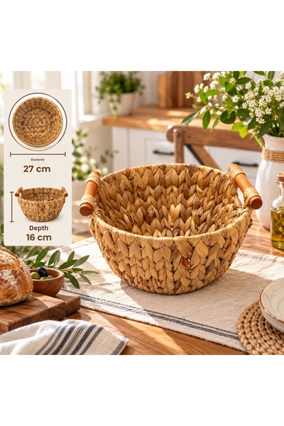 ALLEGRI Wicker Hand-Knitted Round Basket Organizer with Wooden Handles