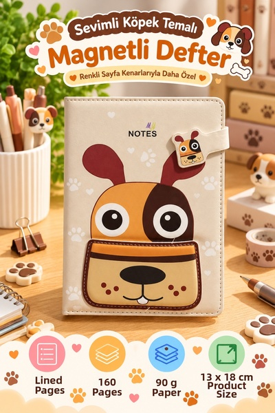 Daks Magnetic Notebook Cute Dog – 160 Pages, 13X18 cm Lined Faux Leather Note...