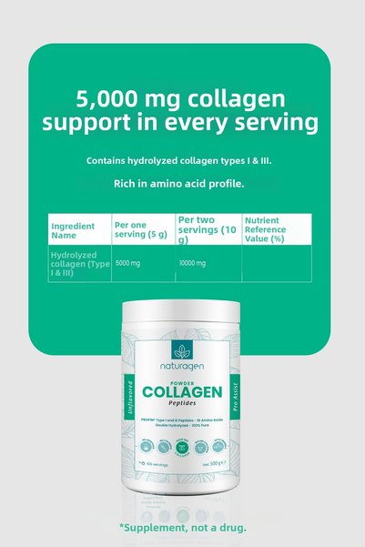 Naturagen 100% Pure Double Hydrolyzed Bovine Collagen 500 Gr |   Tip 1-3 |   16 Amino Acids |   Tasteless & Odorless