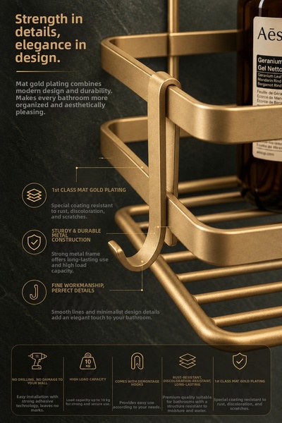 Magic Objects Stainless Steel Double Adhesive Bathroom Organizer Shower Shelf, Premium Gold Shampoo Holder Organizer