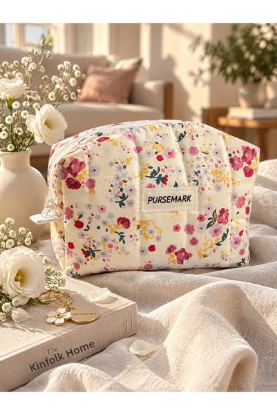 PURSEMARK Кремова козметична чанта с флорални мотиви, капитонирана, ръчно изр...