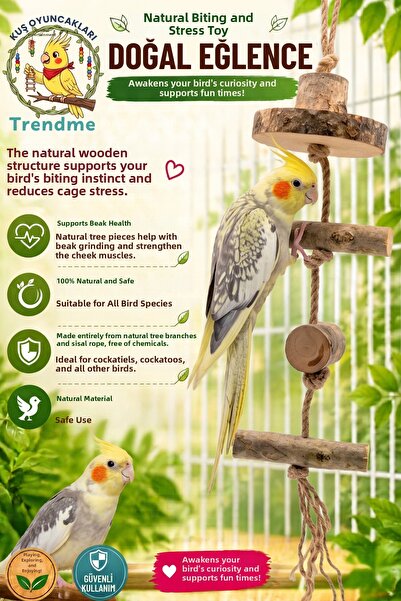UniqBirdToys Trendme Natural Wooden Chewing and Stress Relief Toy - Aleksandra, Sultan Parrot Cage Toy