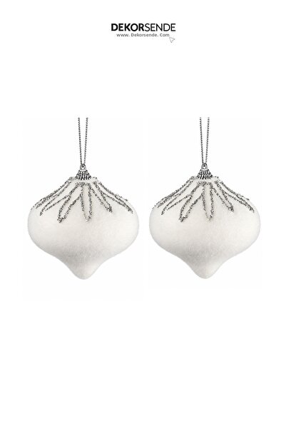 Dekorsende Glob pentru brad de Crăciun cu model argintiu, set de 2, alb, 10 cm