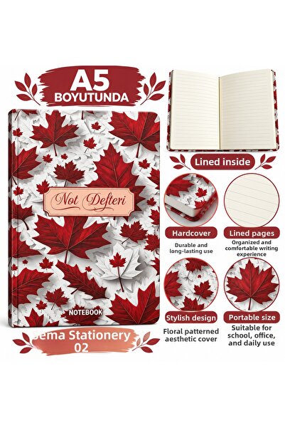 TOMBİ-X A5 Lined Notebook Hard Cover Patterned Journal Notebook Leaf Pattern