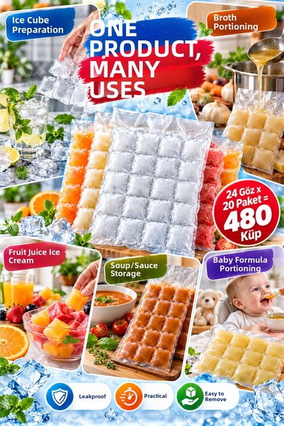 nelerbulurum 480 Ice Bags 20 Packs 24 Compartments |   Bone Broth, Juice, Soup, Sauce, Puree, and Liquid Food Freezer Bag |   Leak-Proof Ice Cube Bag